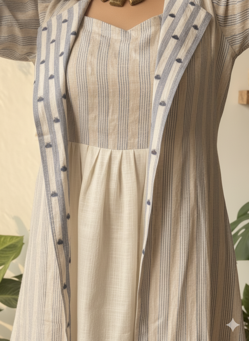 Striped Overlay & Dress Co-ord Set in Beige & Blue