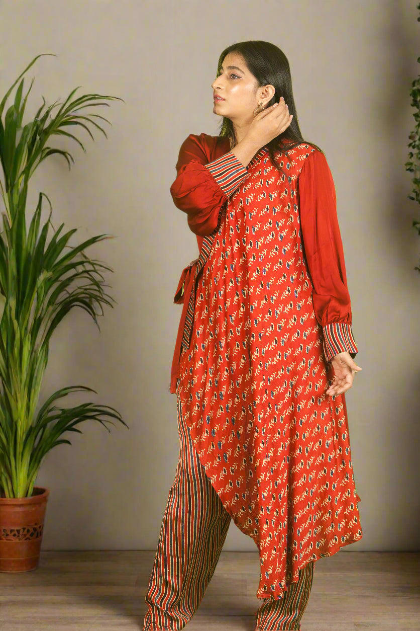 Red ajrakh knot top with pants