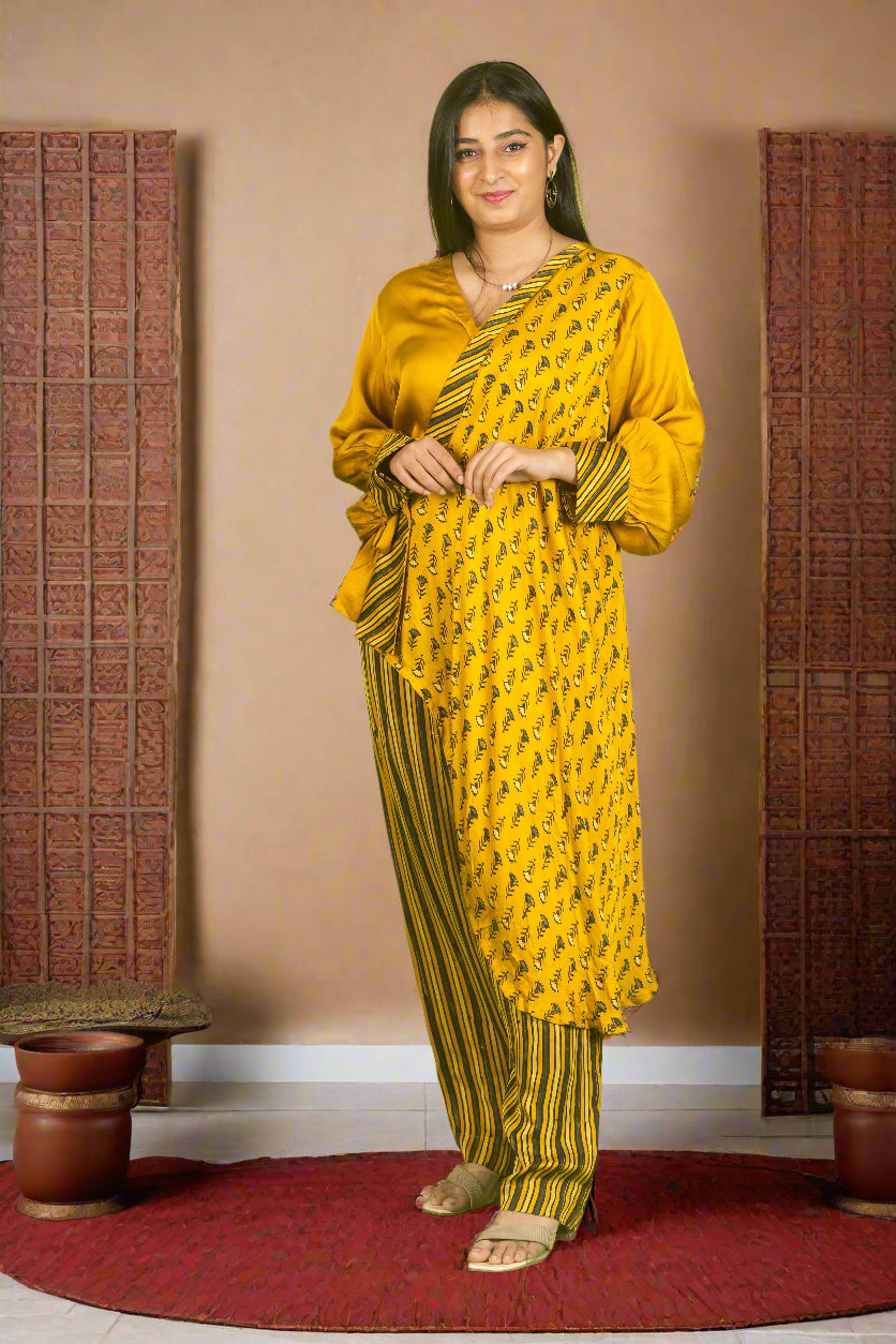 Yellow ajrakh knot top with pants