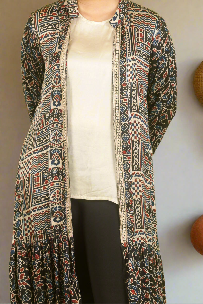 Black ajrakh duster jacket with inner