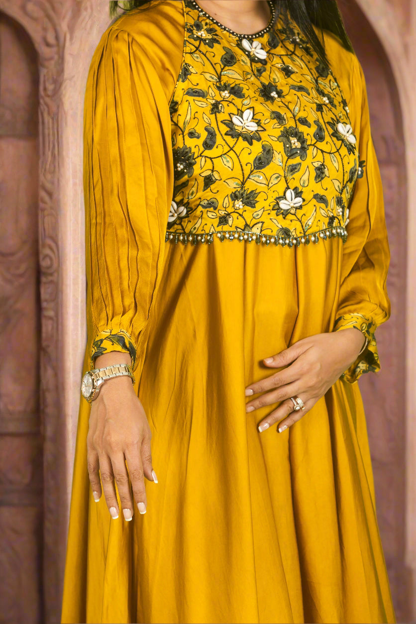 Yellow ajrakh kodi luxe kurti with hand embroidered blouse.