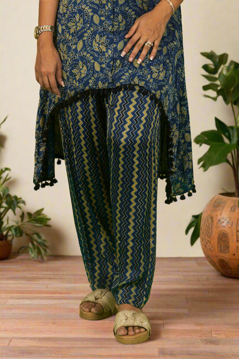 Blue high-low ajrakh mystique kurti with pants