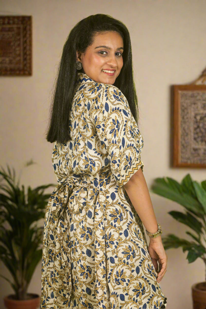 White high-low ajrakh kurti with pants