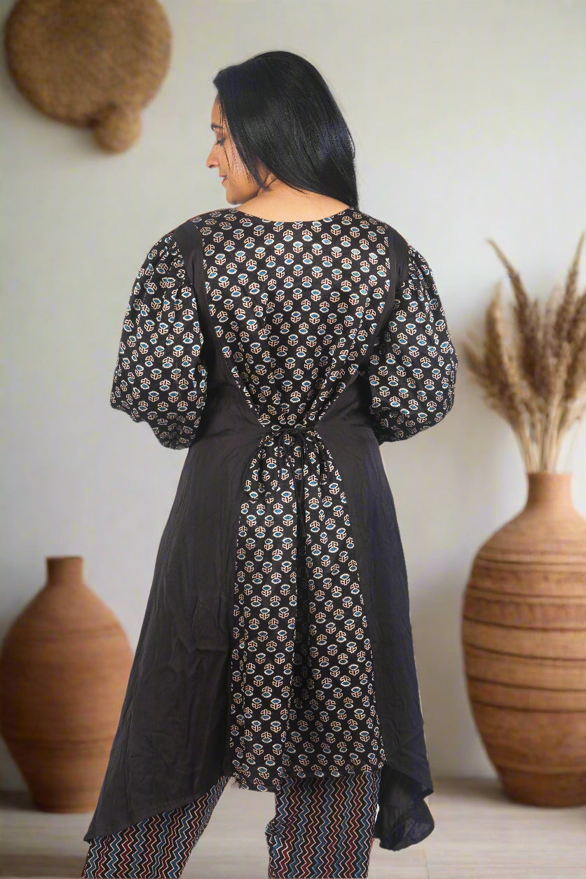 Black urban bloom kurti with tie detailing & pants