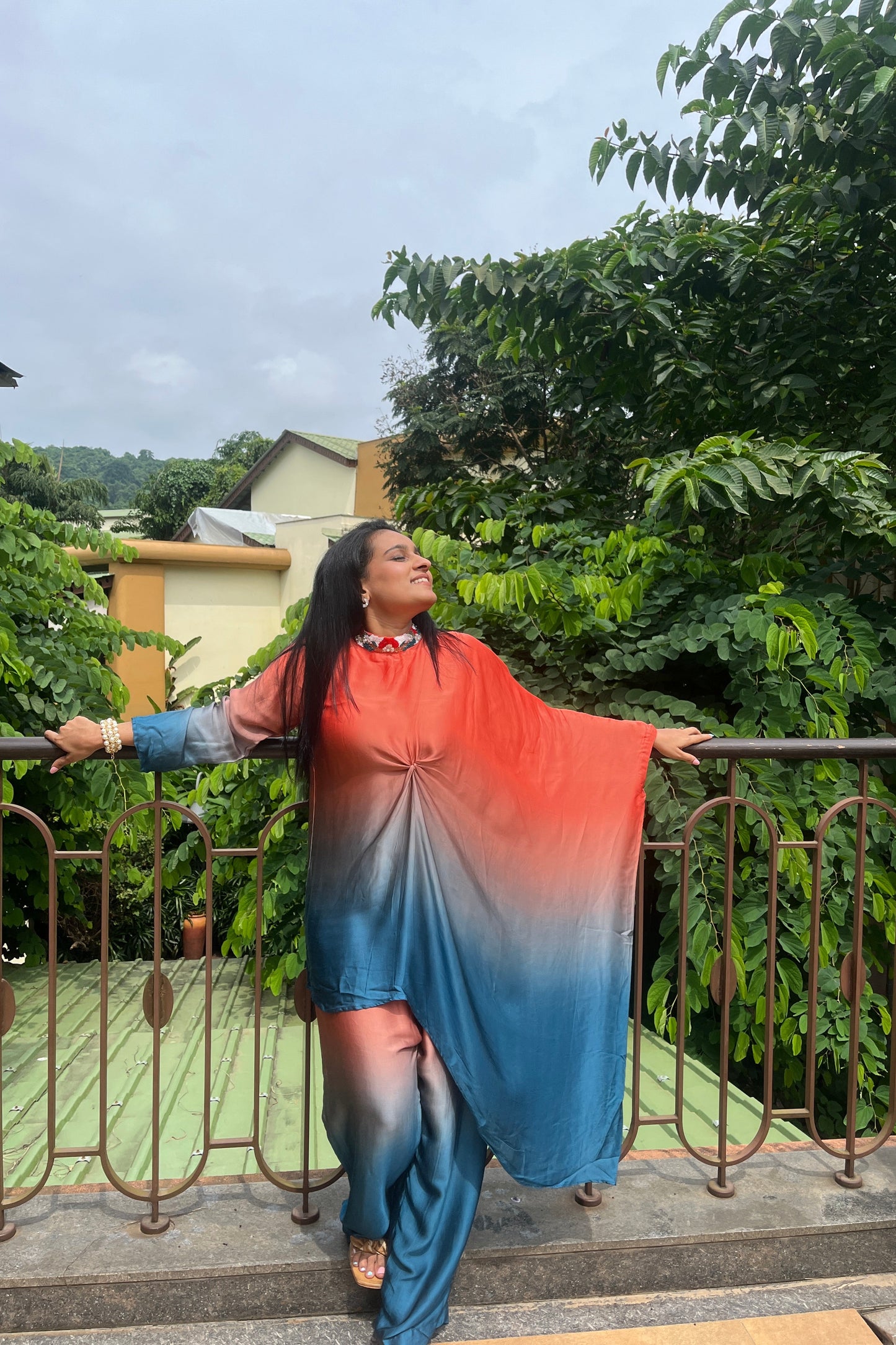 Ethereal Ombre Kurti with hand embroidered collar & pants