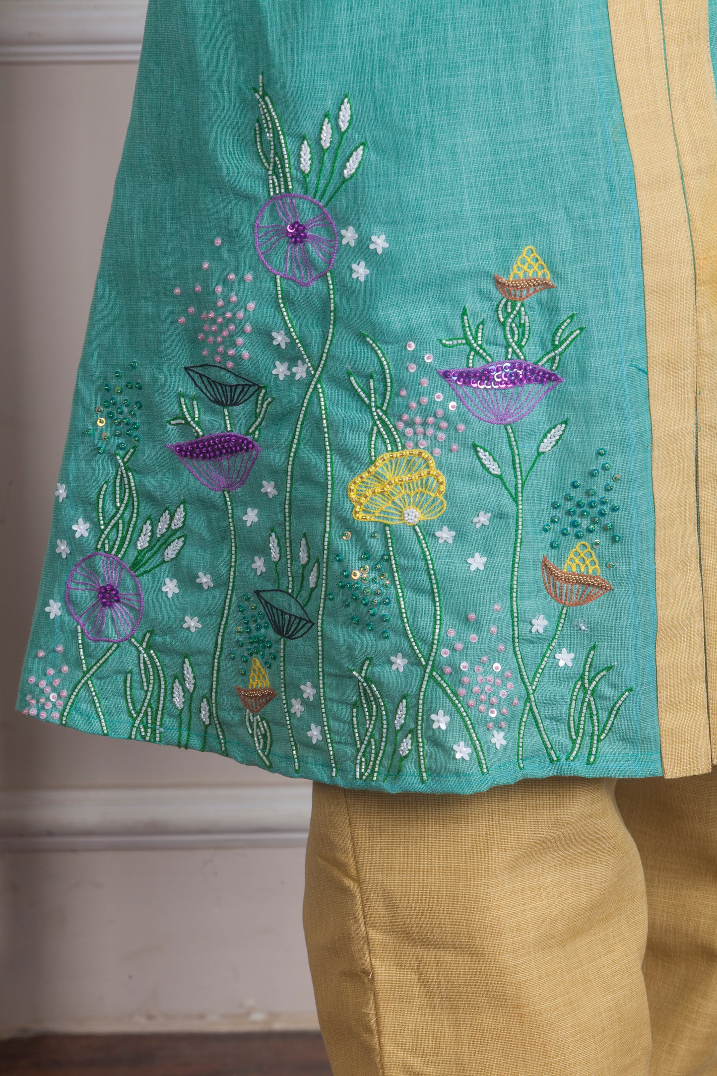 Aqua Green Hand Embroidered Kurti Set