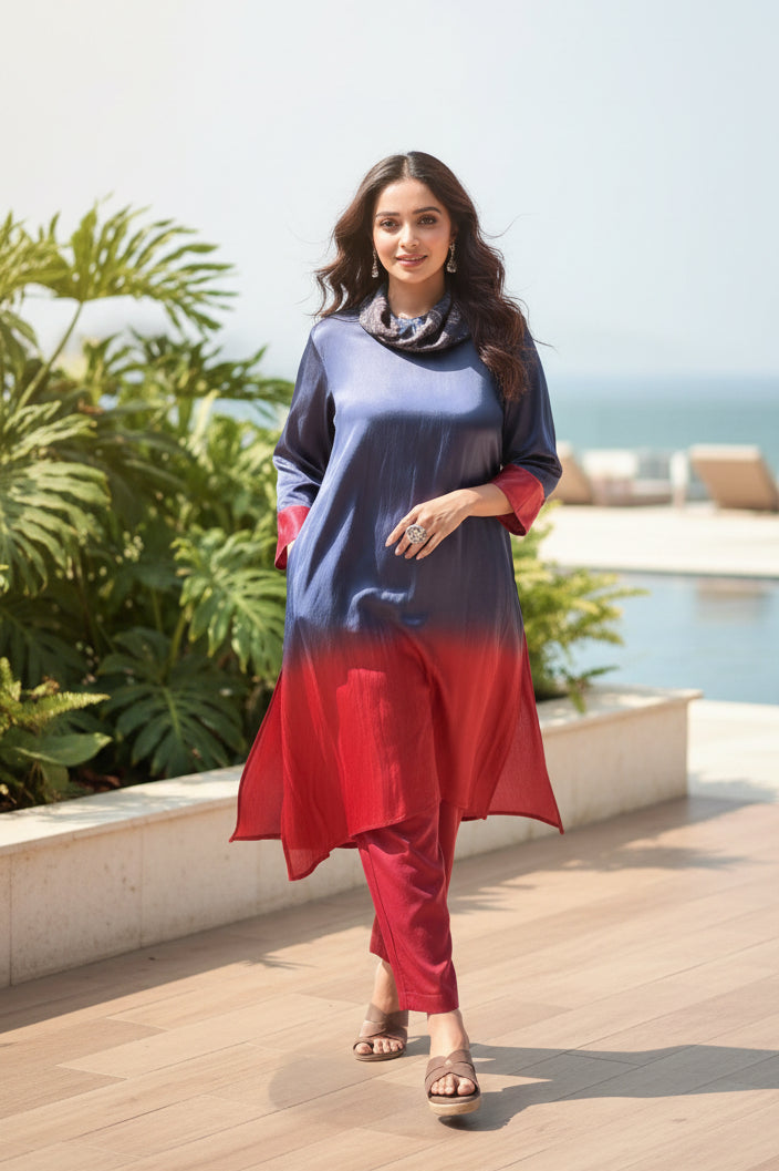 Blue to Red Ombre Kurti with Pants
