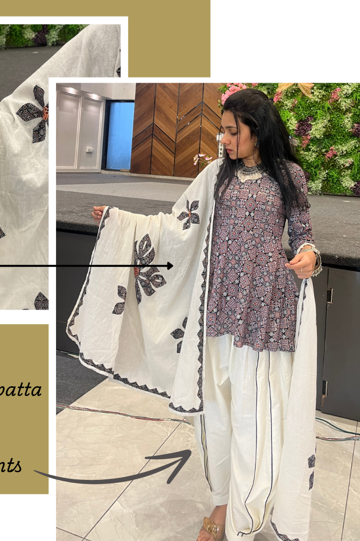 Black peplum mirage ajrakh top with harem pants & applique work dupatta