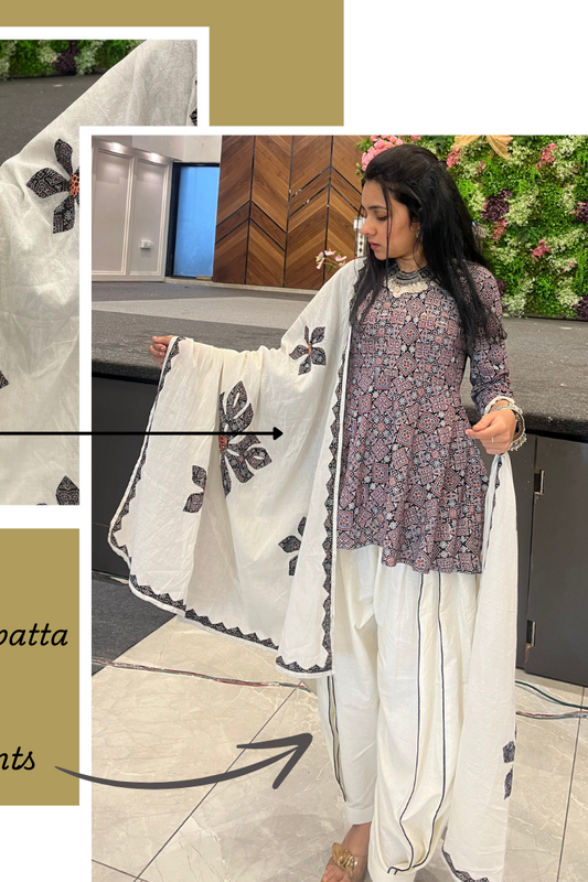 Black peplum mirage ajrakh top with harem pants & applique work dupatta