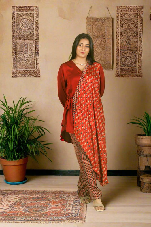 Red ajrakh knot top with pants