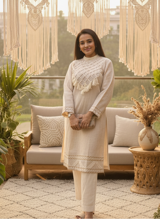 Jute Kurta Set with Handcrafted Macrame Yoke