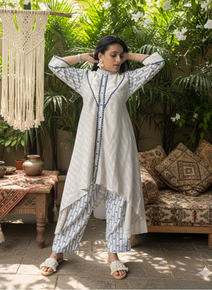 Asymmetrical High-Low Kurta & Printed Pant Co-ord Set
