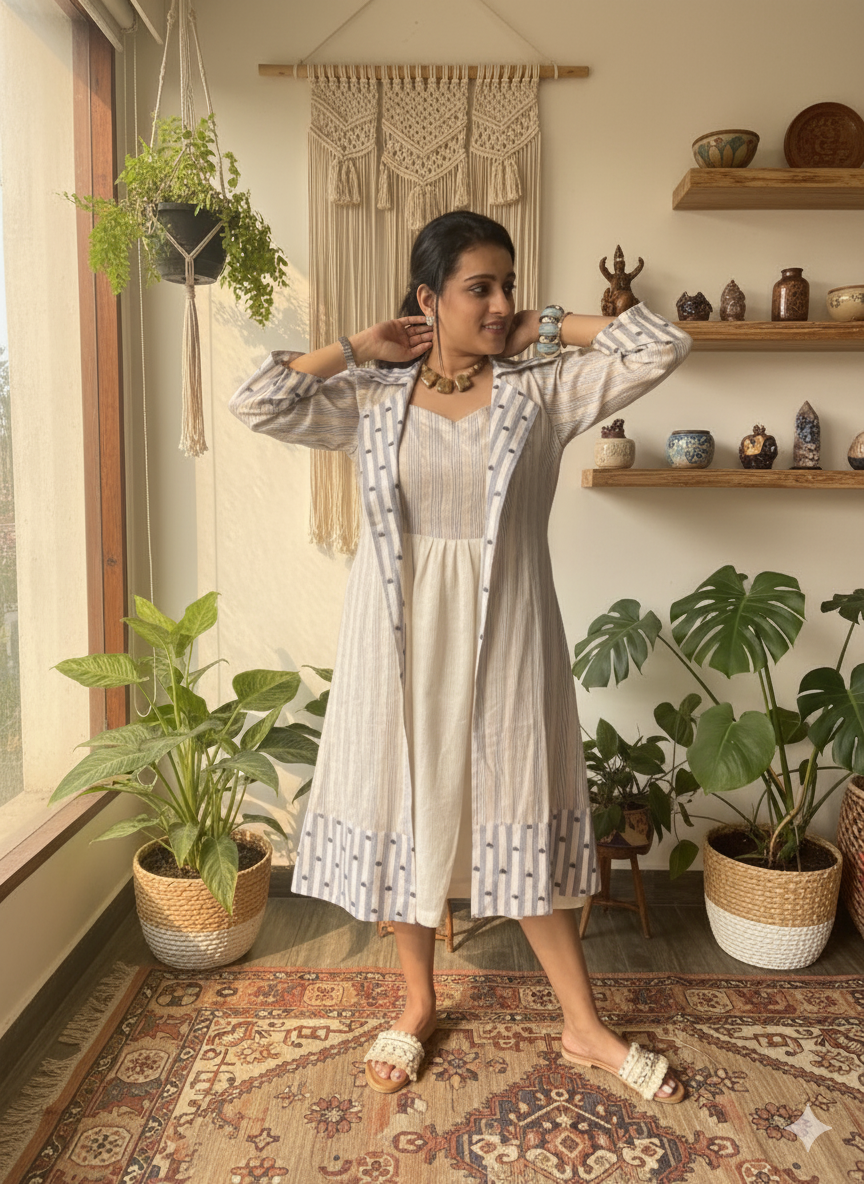 Striped Overlay & Dress Co-ord Set in Beige & Blue