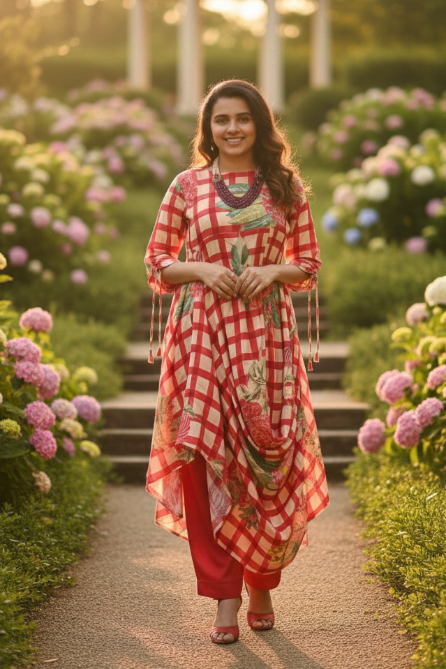 Red Garden Check Printed Kurti Set