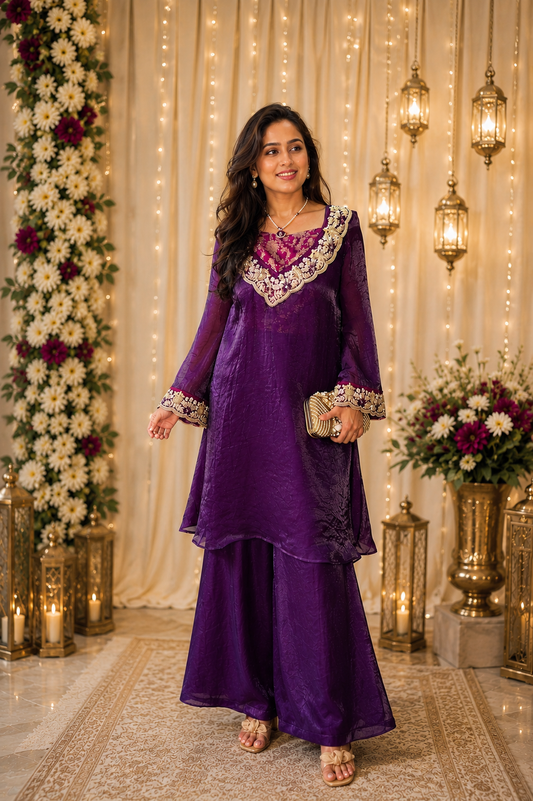 Purple Embroidered Kurti Set with Palazzo Pants