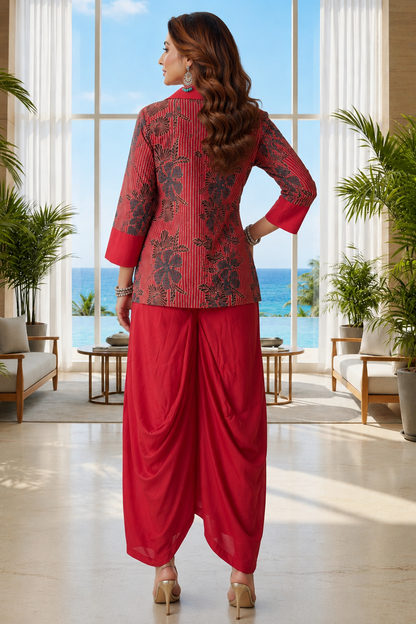 Rust Red Printed Shirt Kurti with Drape Skirt