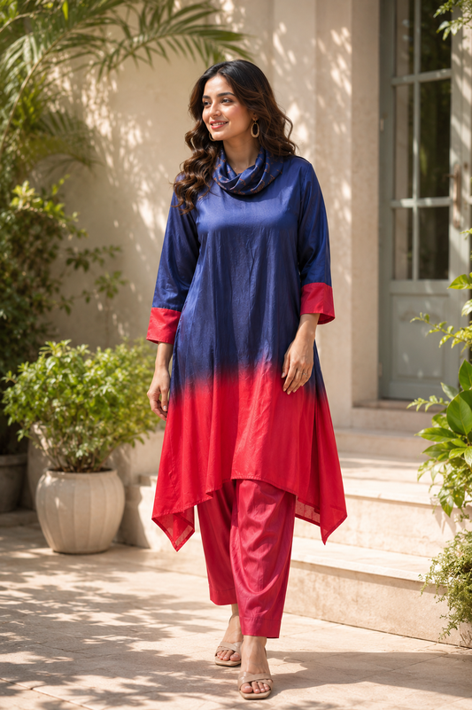 Blue to Red Ombre Kurti with Pants