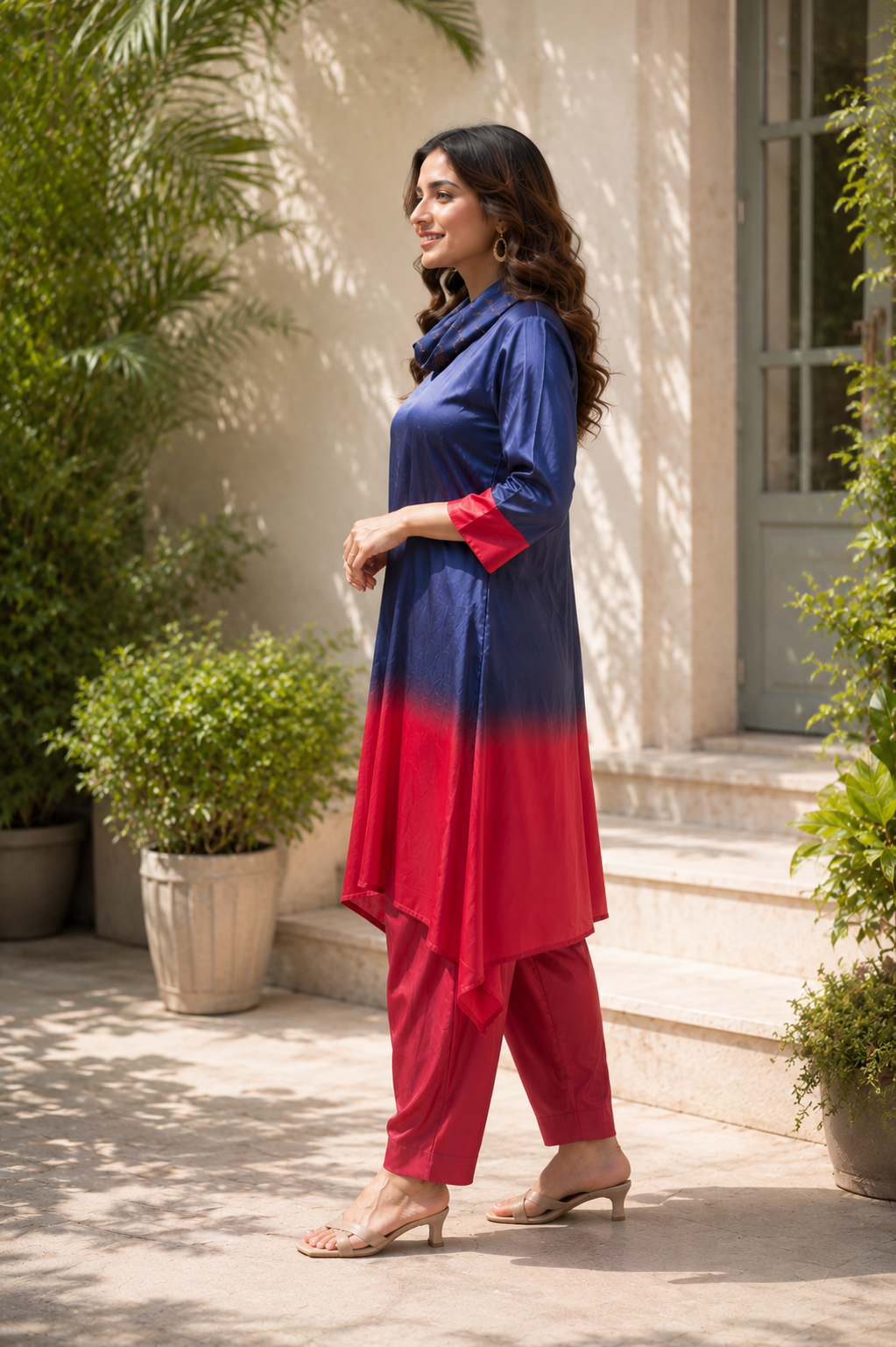 Blue to Red Ombre Kurti with Pants