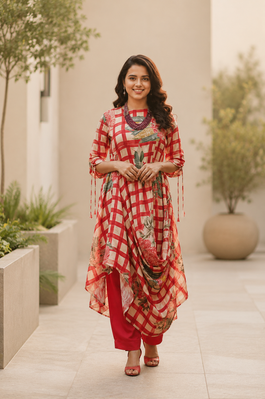 Red Garden Check Printed Kurti Set