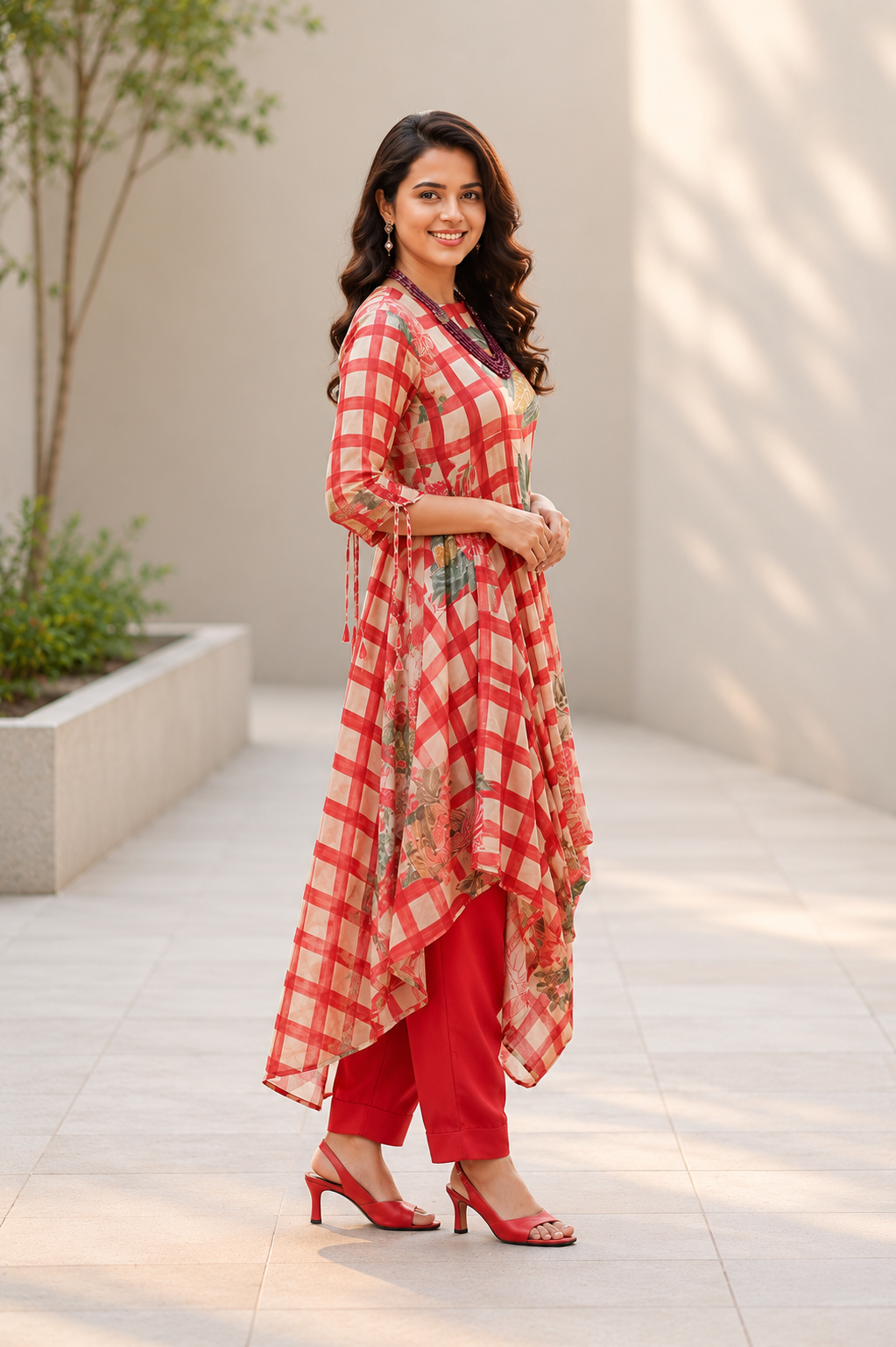 Red Garden Check Printed Kurti Set