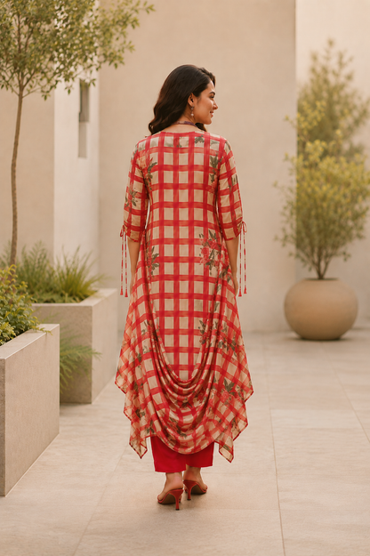 Red Garden Check Printed Kurti Set