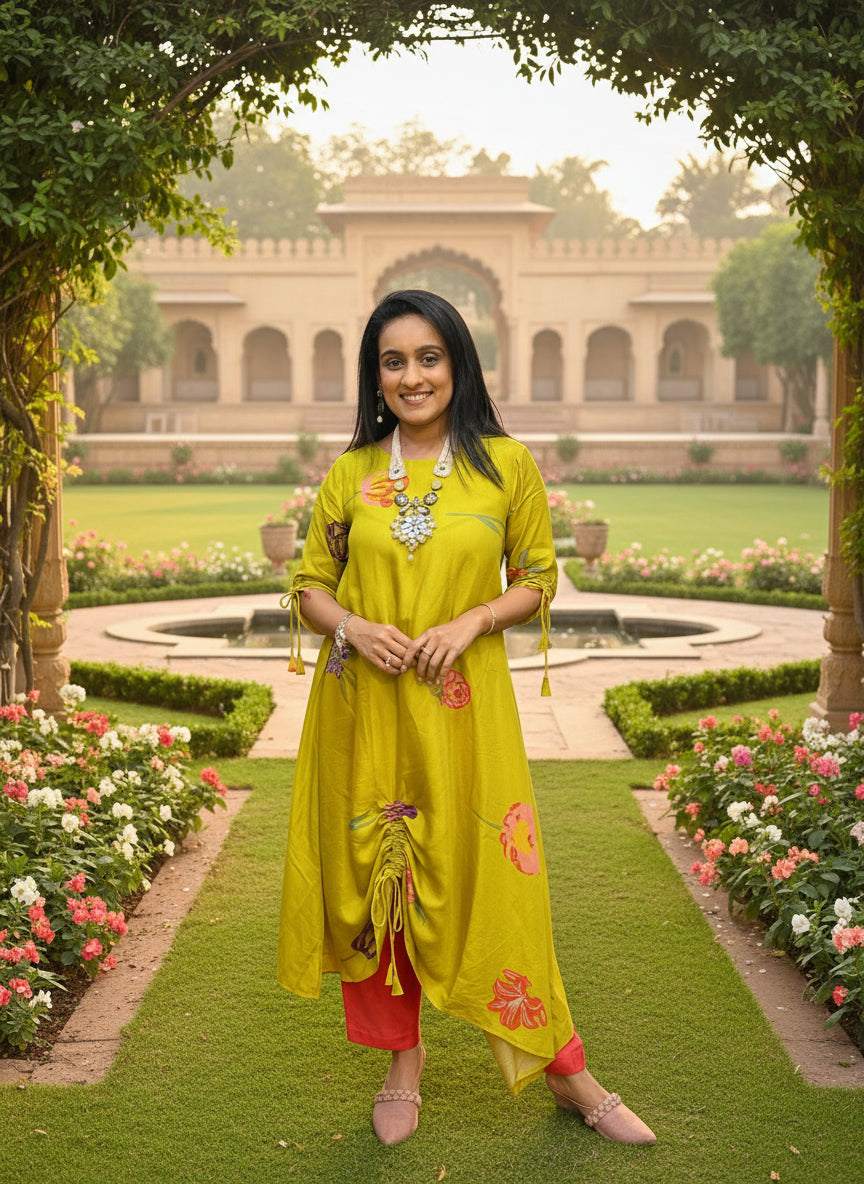 Mustard Yellow Kurti with Drawstring Detail