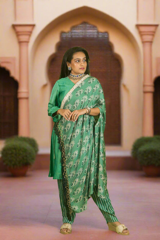 Light green ajrakh hand embroidered cape with kurti & pants