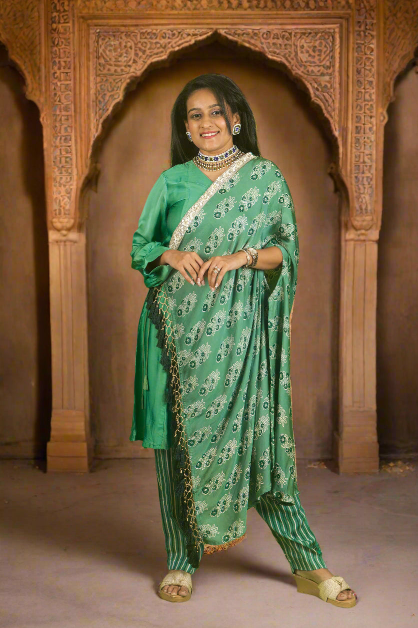Light green ajrakh hand embroidered cape with kurti & pants
