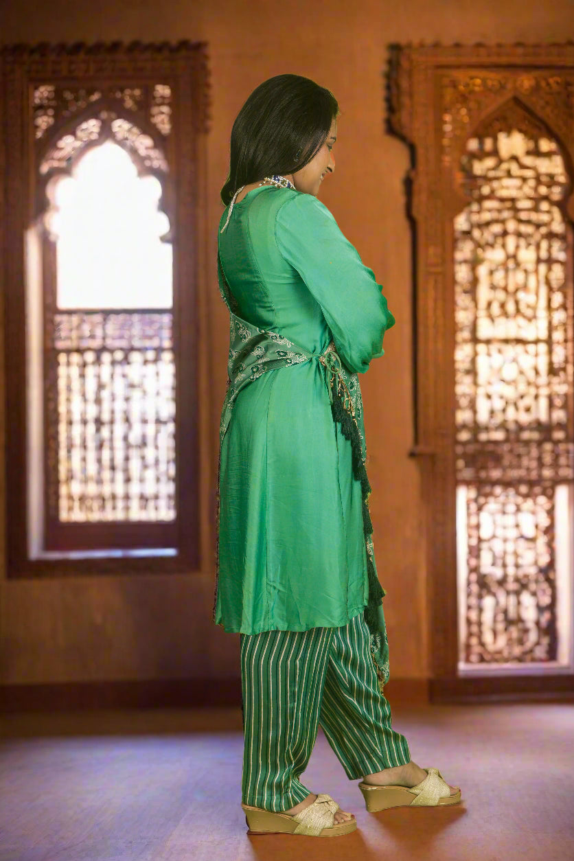 Light green ajrakh hand embroidered cape with kurti & pants