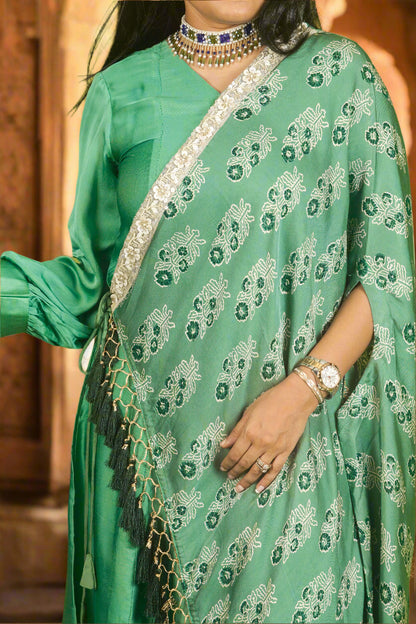 Light green ajrakh hand embroidered cape with kurti & pants
