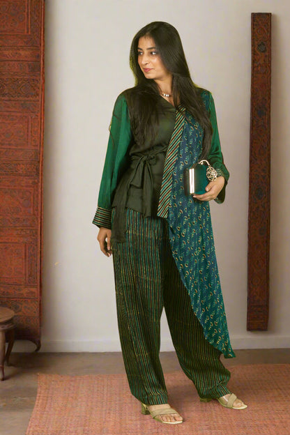 Green ajrakh knot top with pants