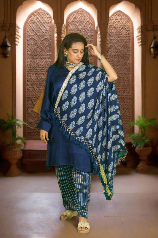 Blue ajrakh hand embroidered cape with kurti & pants