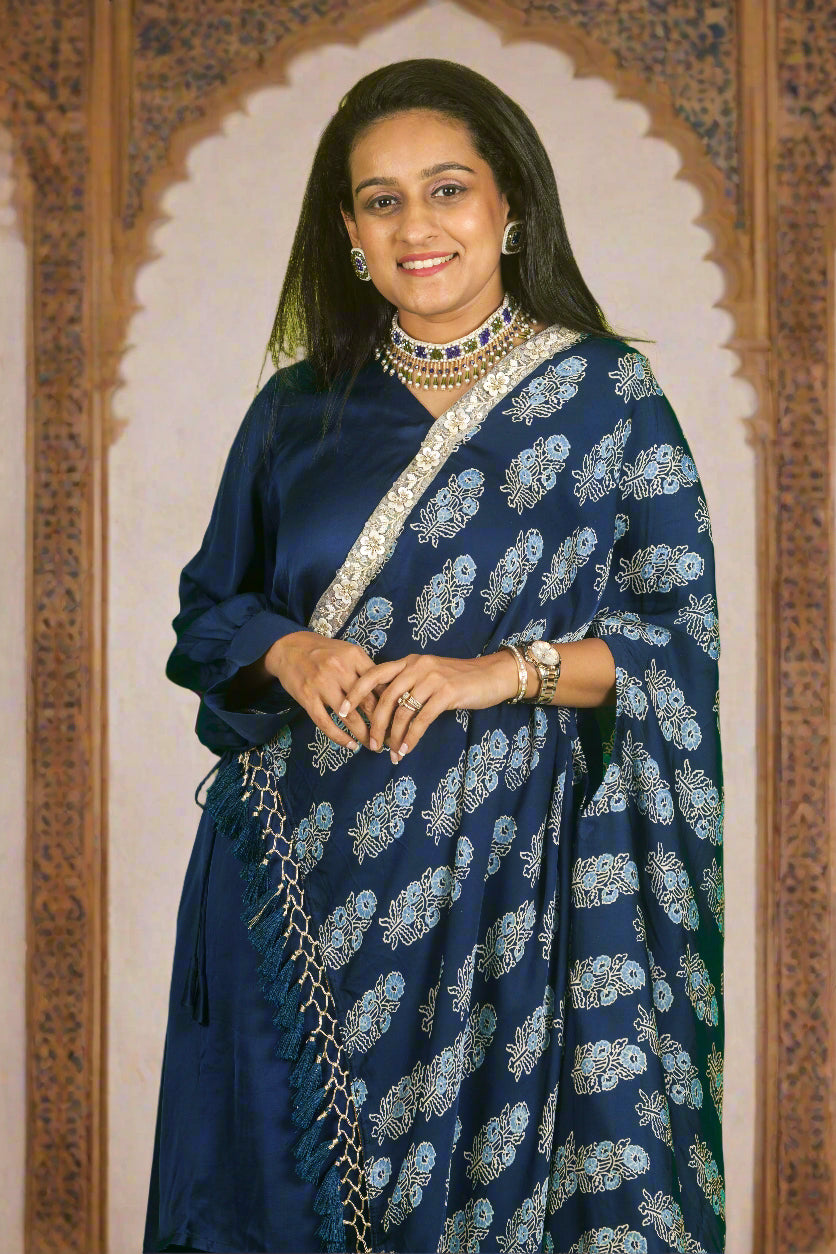 Blue ajrakh hand embroidered cape with kurti & pants