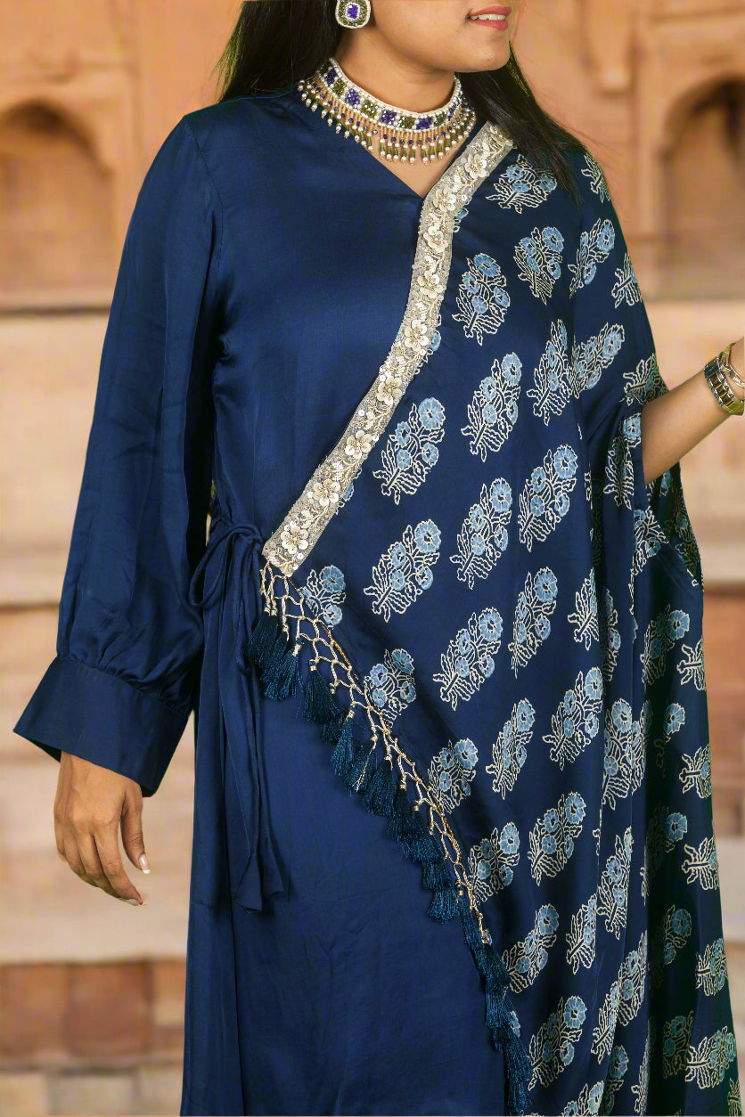 Blue ajrakh hand embroidered cape with kurti & pants