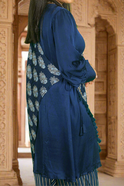 Blue ajrakh hand embroidered cape with kurti & pants