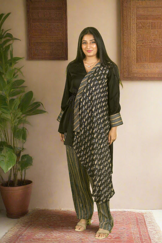 Black ajrakh knot top with pants
