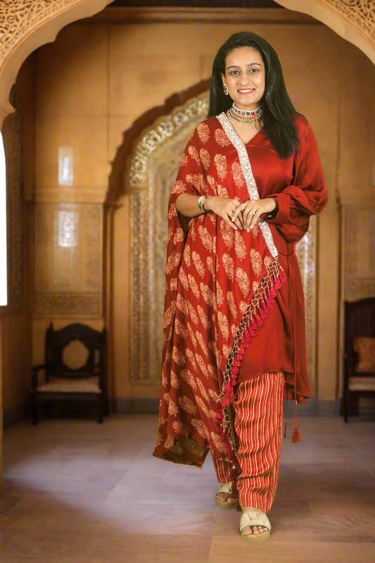 Red ajrakh hand embroidered cape with kurti & pants