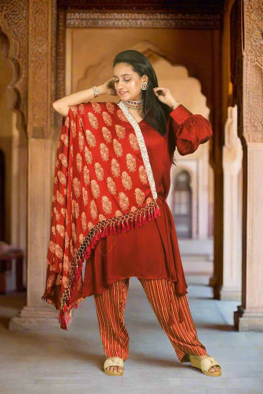 Red ajrakh hand embroidered cape with kurti & pants