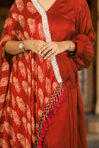 Red ajrakh hand embroidered cape with kurti & pants