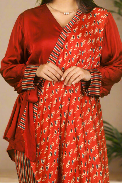 Red ajrakh knot top with pants