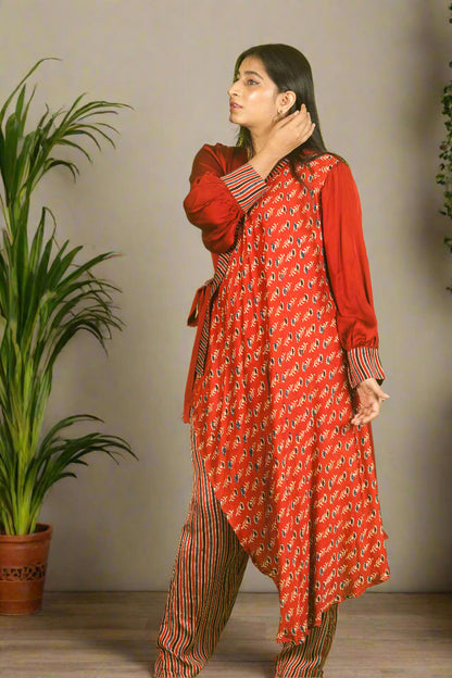 Red ajrakh knot top with pants