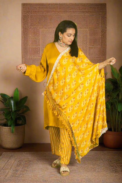 Yellow ajrakh hand embroidered cape with kurti & pants