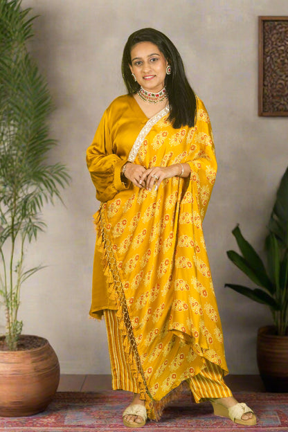 Yellow ajrakh hand embroidered cape with kurti & pants