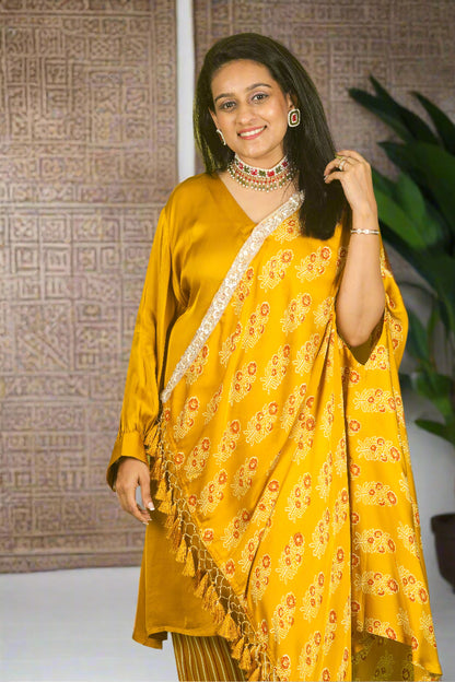 Yellow ajrakh hand embroidered cape with kurti & pants