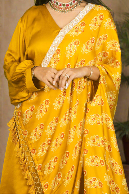 Yellow ajrakh hand embroidered cape with kurti & pants