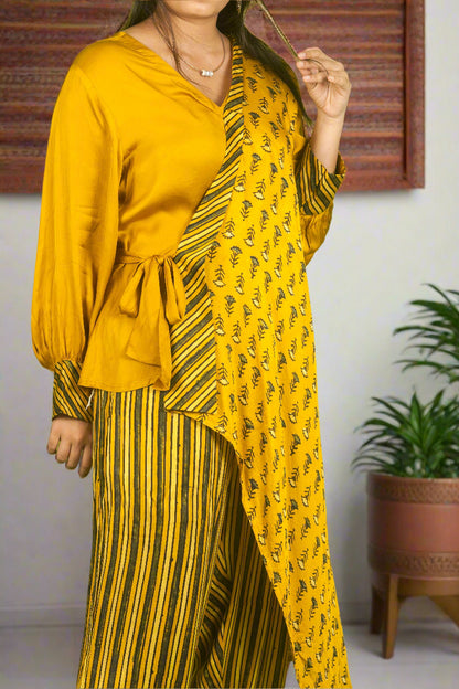 Yellow ajrakh knot top with pants