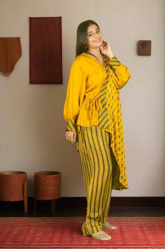 Yellow ajrakh knot top with pants