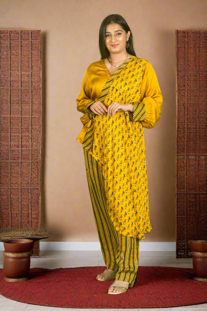 Yellow ajrakh knot top with pants
