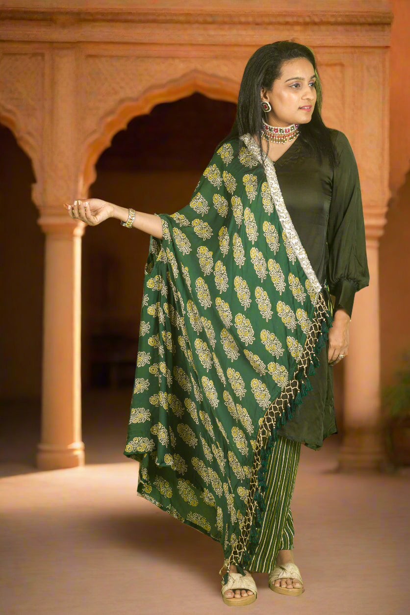 Dark green ajrakh hand embroidered cape with kurti & pants