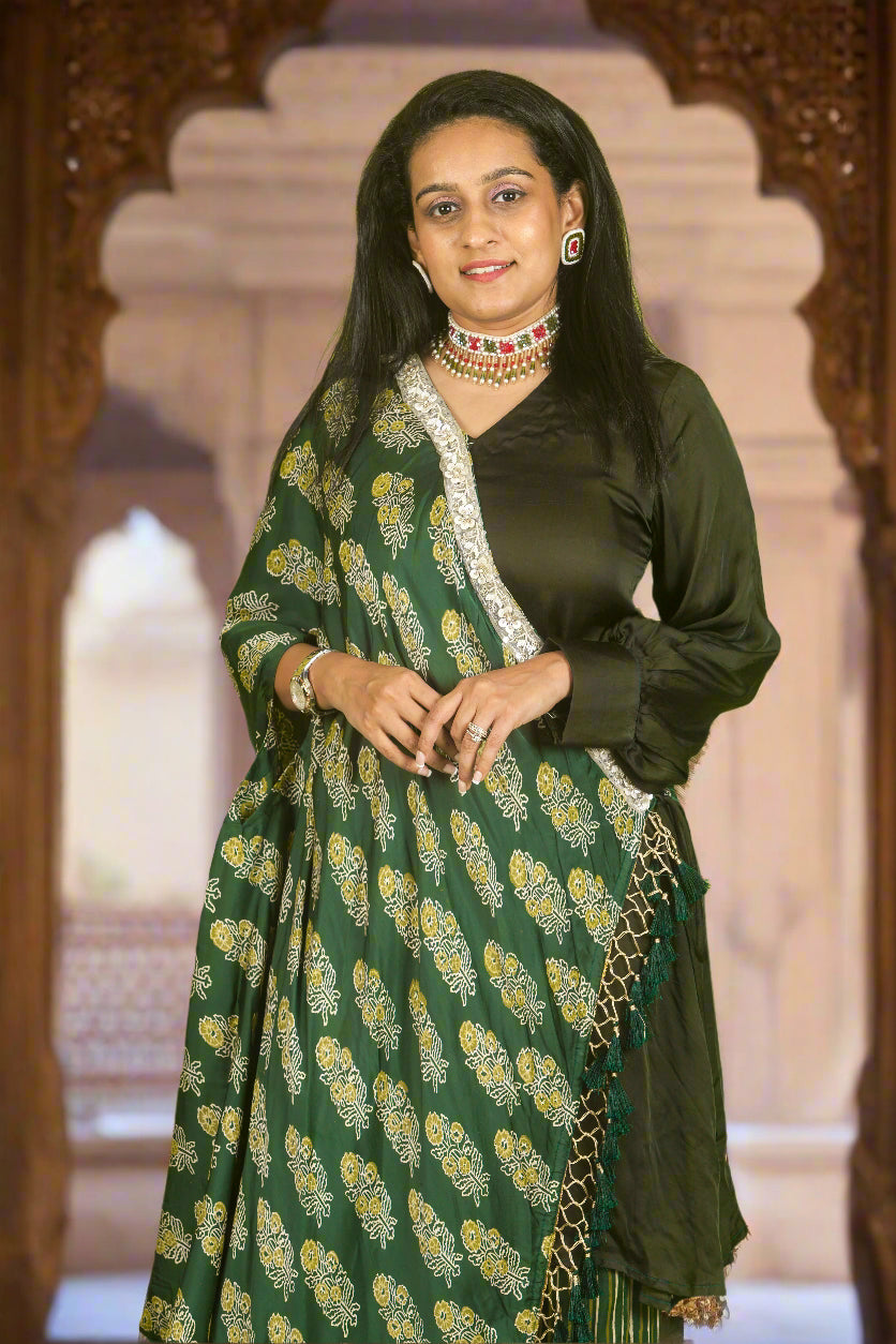 Dark green ajrakh hand embroidered cape with kurti & pants
